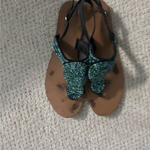 Women's Beaded Teal T-Strap Sandals